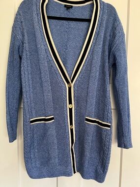 Talbots Light Blue Cable-Knit Long Cardigan with Navy and Cream Trim